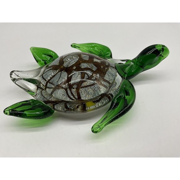 Italian Art Glass Sea Turtle Green Marbled Paperweight Gold Brown Marine - Picture 9 of 16